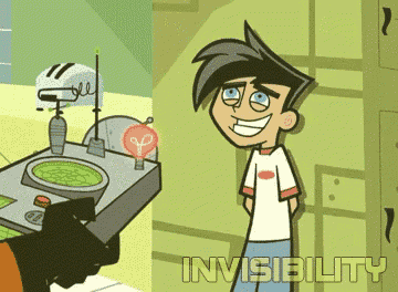 a cartoon of a boy standing next to a machine that says ' invisibility ' on it