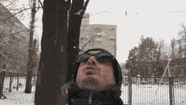 a man wearing sunglasses stands in front of a tree in a snowy park