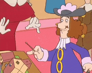 a cartoon of a man in a blue suit and hat pointing at something .
