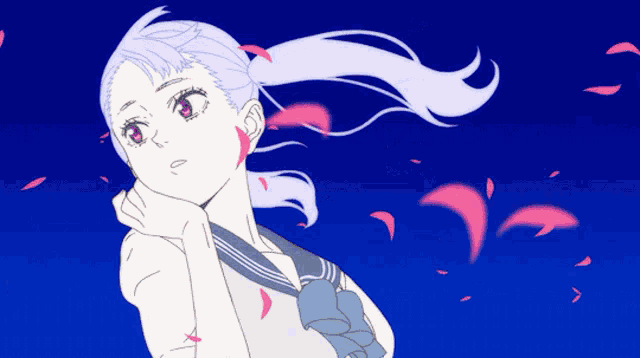 a girl with white hair and pink eyes is standing in front of a blue sky