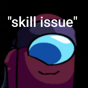 a red among us character with blue eyes and the words `` skill issue '' behind him .