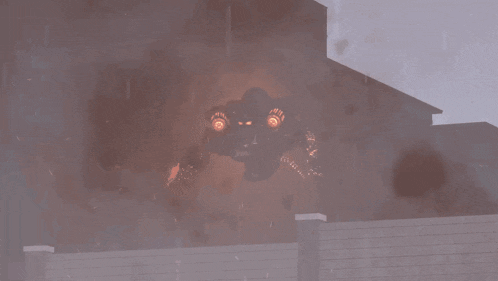 a robot is flying through the air in front of a house