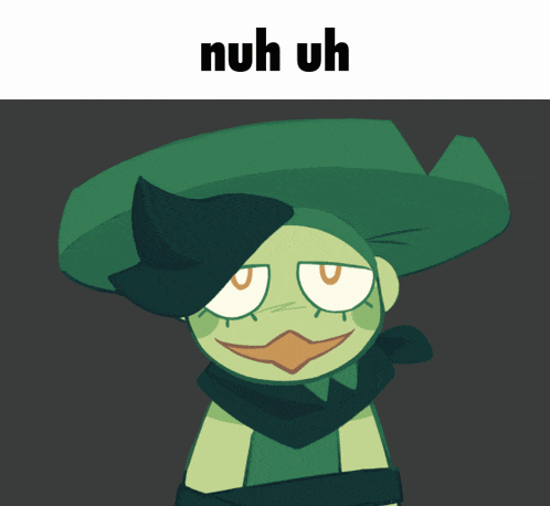 a green cartoon character with the words nuh uh above it