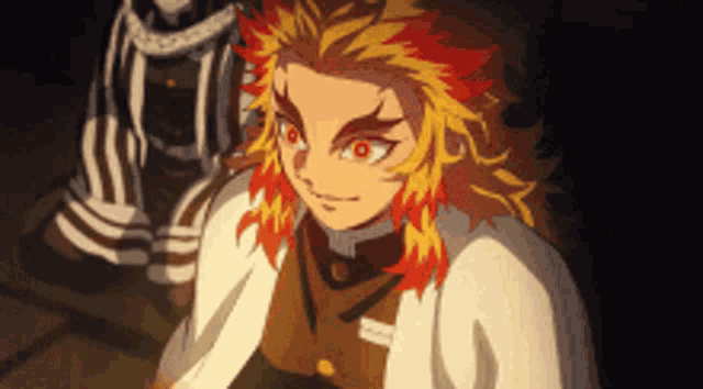a close up of a cartoon character with red eyes and orange hair