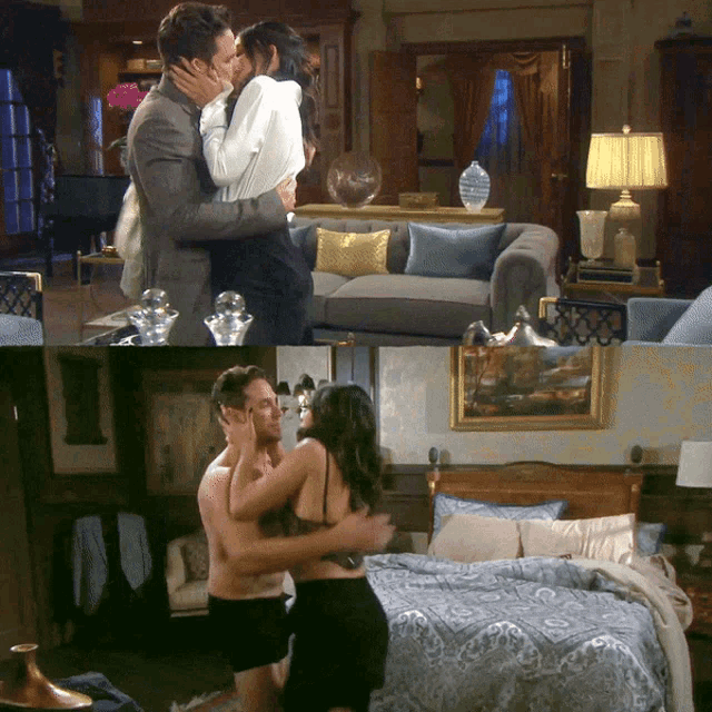 a man and a woman are kissing in a living room and a man and woman are hugging in a bedroom