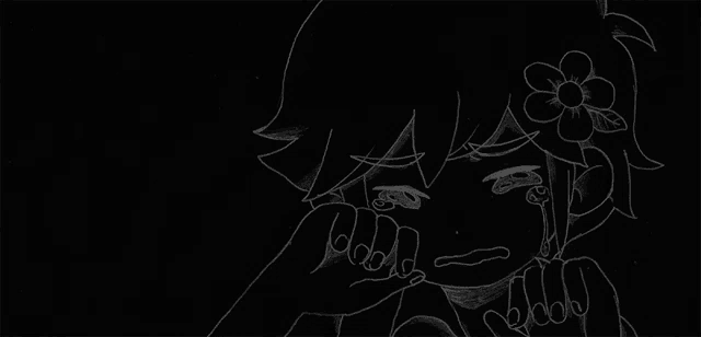 a black and white drawing of a girl with a flower in her hair crying .