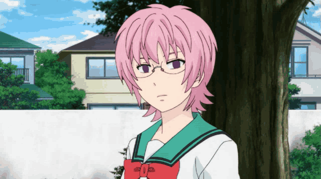 a girl with pink hair and glasses is standing in front of a tree