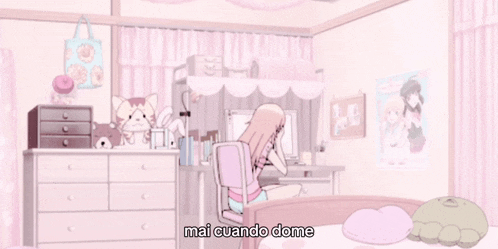 a girl is sitting on a bed in a room with the words mai cuando dome below her