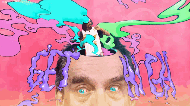 a cartoon drawing of a man 's head with the words get high coming out of his head