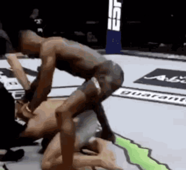 two men are wrestling in a ring with a monster energy logo on the ground