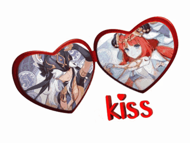 a couple of hearts with the word kiss in the middle