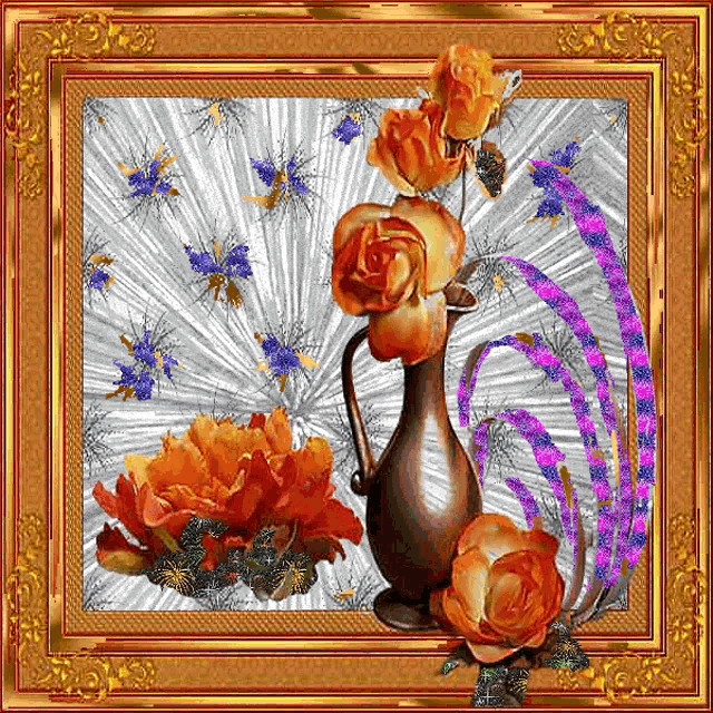 a picture of flowers in a vase with butterflies behind it