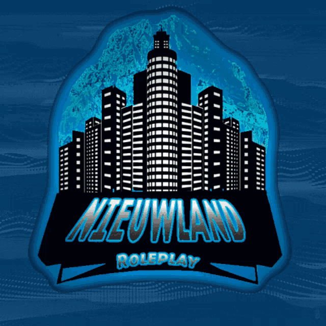 a blue and black logo for nieuwland roleplay with a city in the background