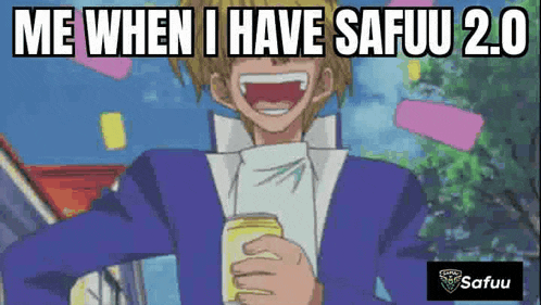 a man in a blue jacket is holding a can of beer and laughing .