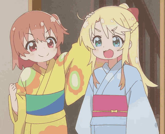 two anime girls are standing next to each other in kimonos
