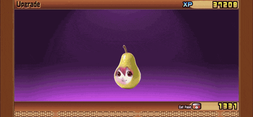 a video game screen shows a pear with a face on it and says upgrade