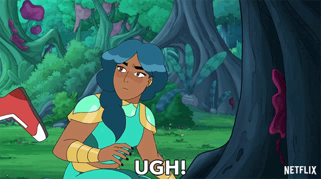a cartoon of a girl with blue hair says ugh on the bottom