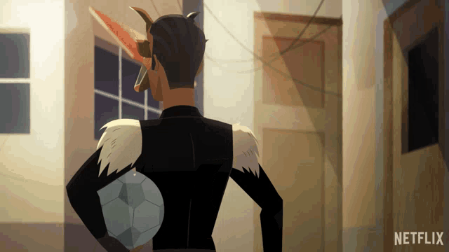 a cartoon of a man holding a soccer ball with a netflix logo behind him