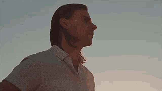 a man with long hair is standing in front of a sunset sky .