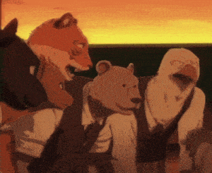 a group of animals including a bear and an eagle are standing together