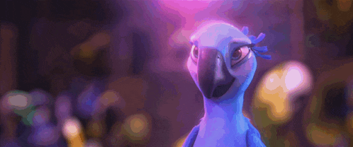 a blue cartoon parrot with a blue bow on its head