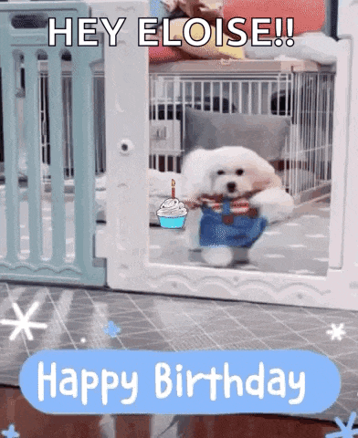 a small white dog is standing in a cage with a cupcake and a candle and says happy birthday .
