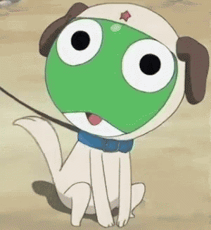 a cartoon dog with a green face is sitting on the ground .