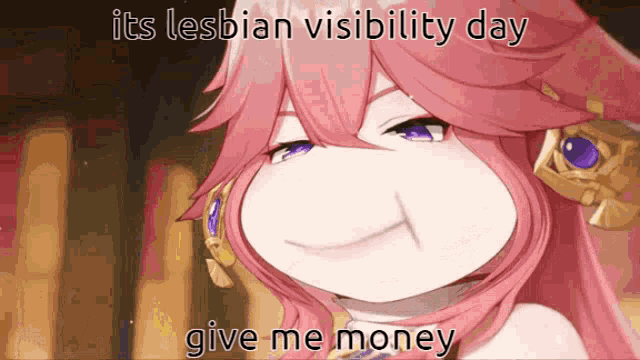 a cartoon of a woman with pink hair and purple eyes with the words " its lesbian visibility day give me money "