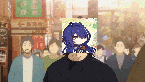 a man with a picture of a girl on his face stands in a crowd