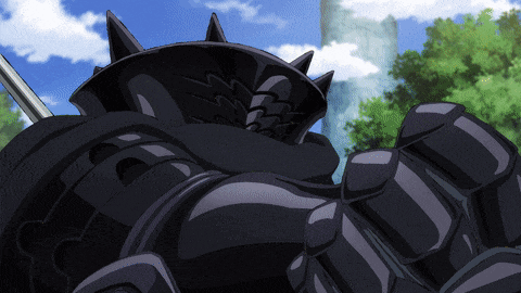 a black robot with spikes on its head stands in front of some trees