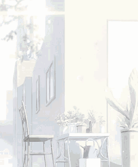 a room with a table and chairs and plants in pots .