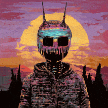 a painting of a person with a skull on their head and a sunset in the background