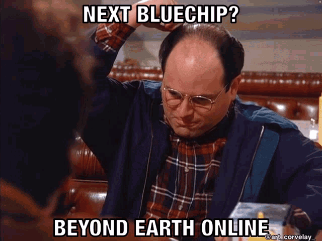 a man with glasses and a plaid shirt says next bluechip beyond earth online while scratching his head