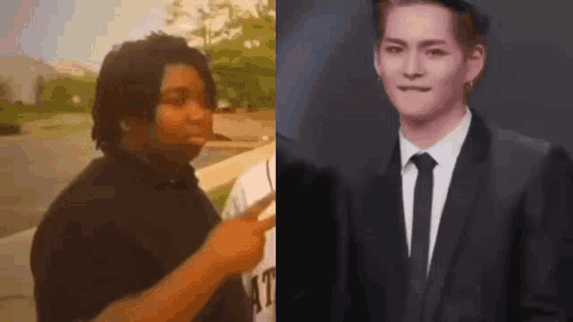 a man with dreadlocks is pointing at another man in a suit and tie