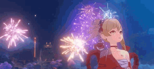 a girl in a red dress is watching fireworks in the sky .