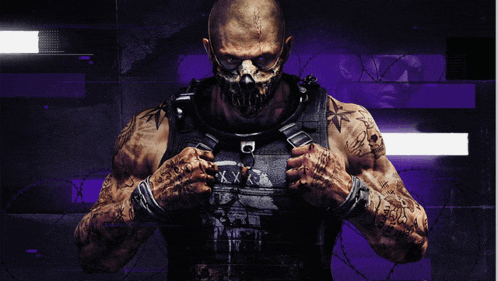 a man with a skull mask on his face is standing in front of a purple backdrop