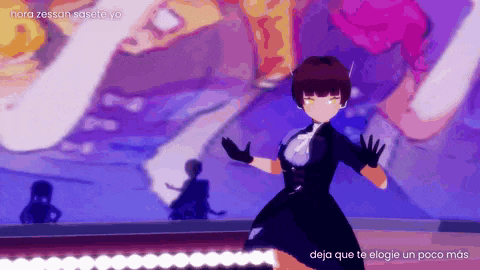 a girl in a black dress is dancing with the words deja que te elogie un poco más written below her