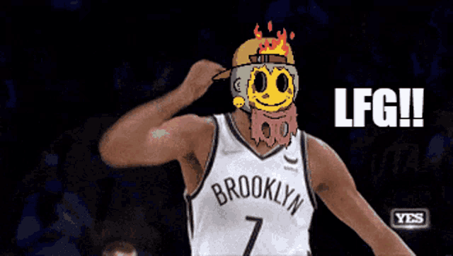 a brooklyn basketball player with a smiley face on his helmet