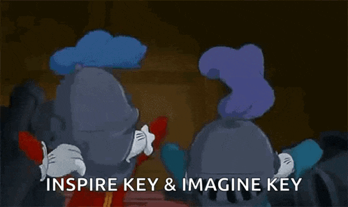 a cartoon of mickey mouse and a knight with the words `` inspire key & imagine key '' below them .