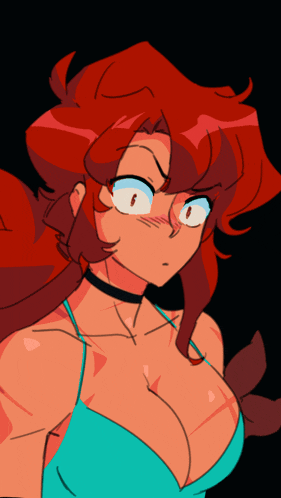 a cartoon drawing of a woman with red hair and a choker