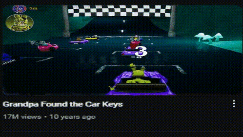 a purple car is driving through a tunnel with the words grandpa found the car keys on the bottom