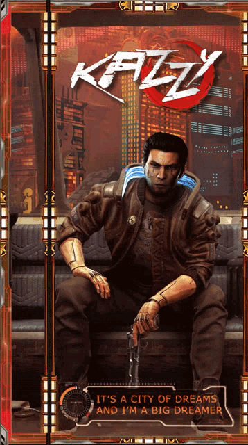 a poster of a man sitting on a couch with the words " it 's a city of dreams " on it
