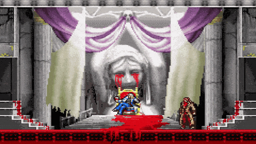 a pixel art of a man sitting on a throne in front of a statue with blood coming out of his eyes