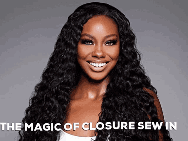 a woman with long black hair is smiling with the words " the magic of closure sew in " below her