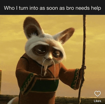 a picture of a cartoon character with a caption that says who i turn into as soon as bro needs help