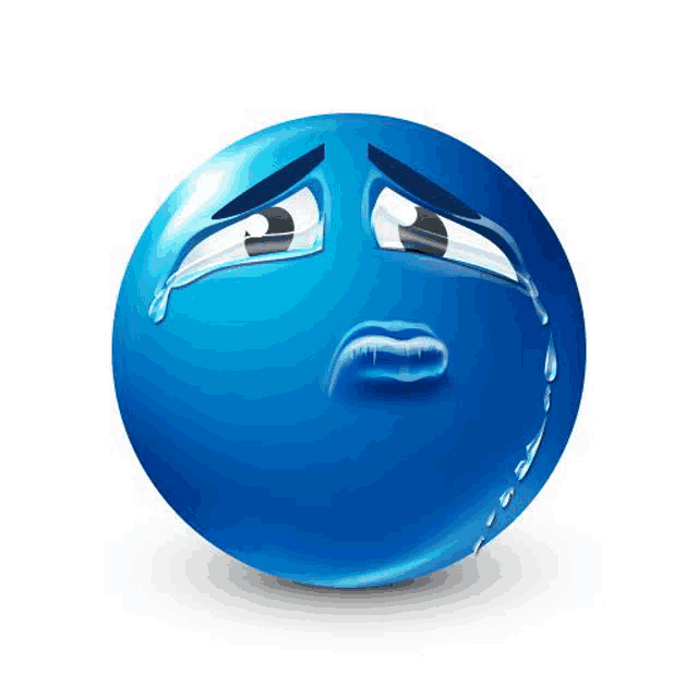 a blue smiley face with tears coming out of its eyes .
