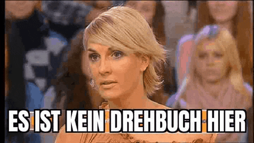 a woman is sitting in front of a crowd of people with the words `` es ist kein drehbuch hier '' written on the screen .