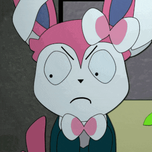 a pink and white cartoon bunny with a bow tie making a sad face