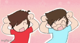 a cartoon of two boys with their hands in the air .