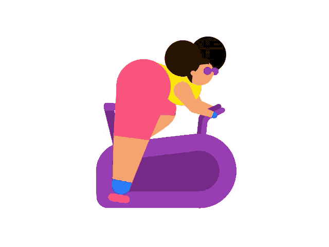 a woman is riding a purple treadmill with her back to the camera